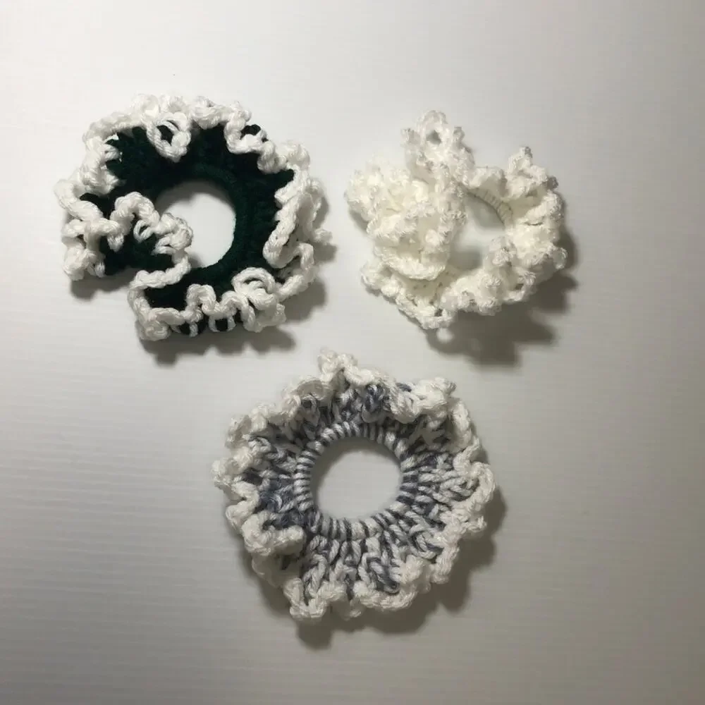 NWT White, Gray Green Handmade Crocheted Hair Scrunchie by Dawny Set of 3